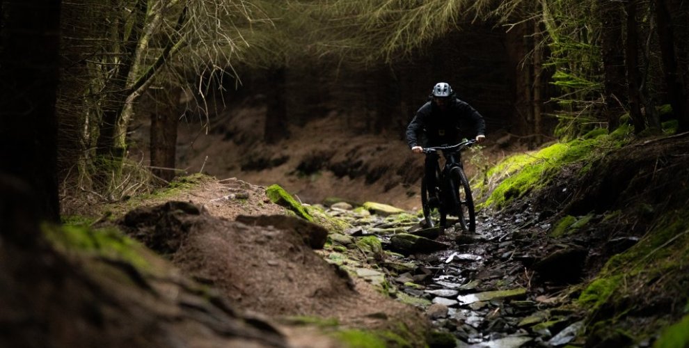 Mountain bike descent over rocks in Black Mountains, Wales