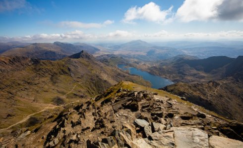 stunning scenery from Snowdon mountain summit, showing lake in distance